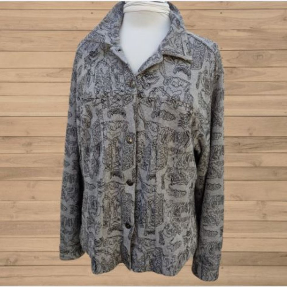 Chico's Size 3 (XL/16) Gray Knit Jacket with Black Embroidery Button Up Artsy